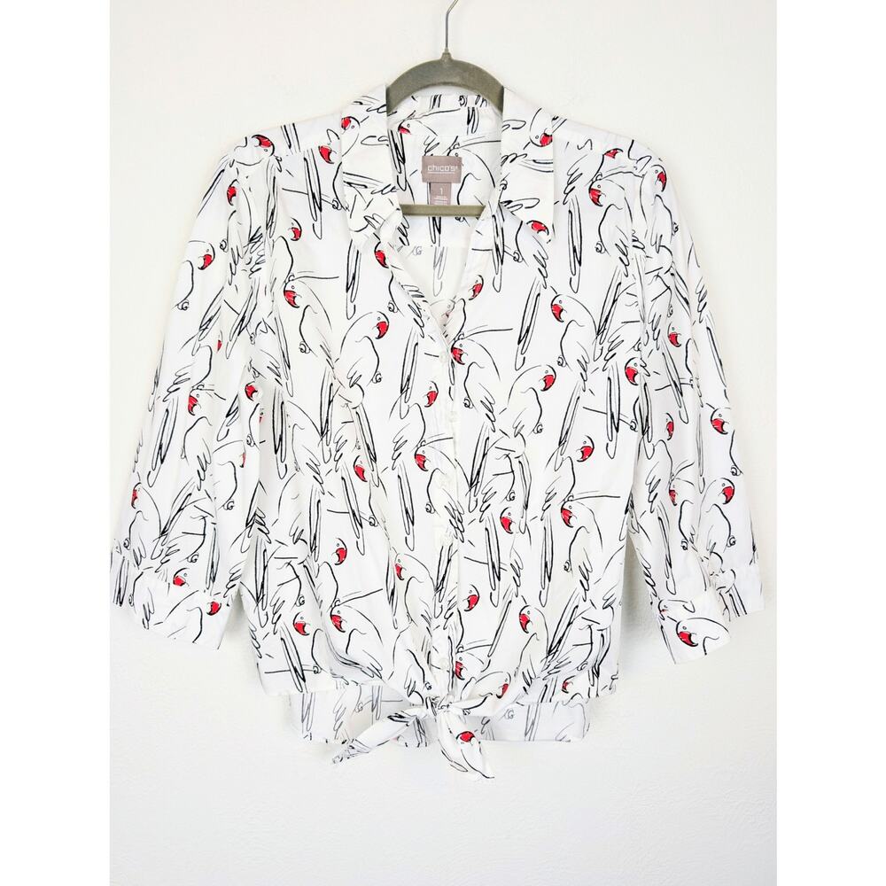 Chicos Top Amazon Parrots Print Tie Front Popover Alabaster Novelty White Size M